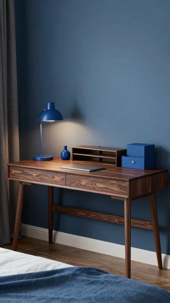 20 Blue Bedroom Ideas with Dark Wood Furniture - 17. Functional Workspace 1