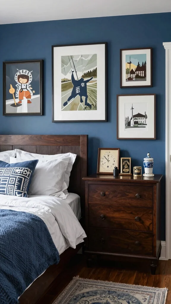 20 Blue Bedroom Ideas with Dark Wood Furniture - 20. A Personal Touch 1