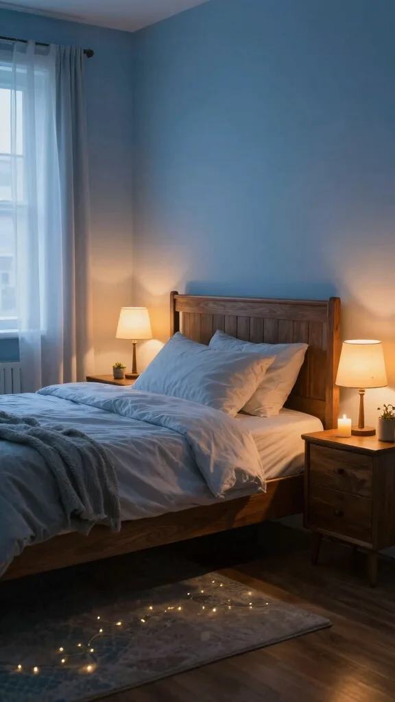 20 Blue Bedroom Ideas with Dark Wood Furniture - 8. Cozy Retreat with Soft Lighting 1