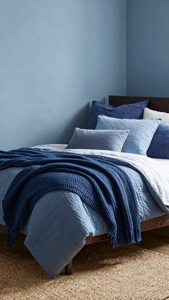 20 Blue Bedroom Ideas with Dark Wood Furniture - 9. Textured Layers 1