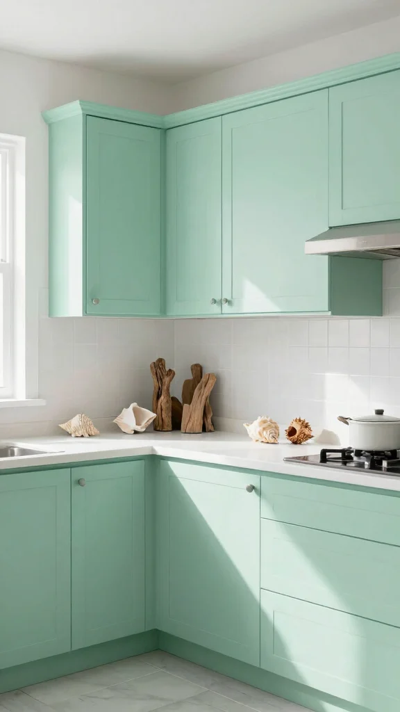 20 Green Kitchen with White Countertops: Bright & Airy Designs - 11. Seafoam Green for Coastal Serenity 1