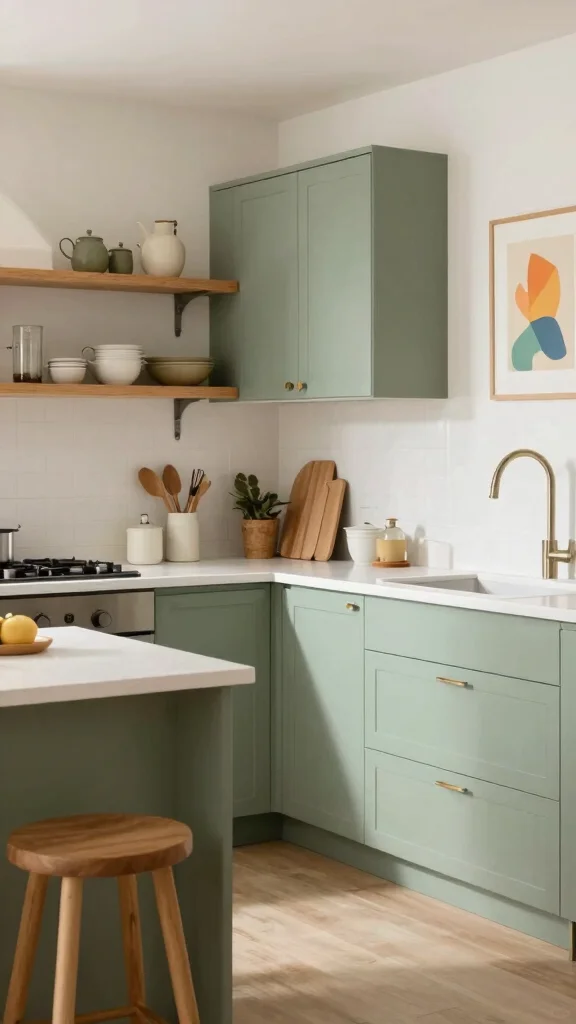 20 Green Kitchen with White Countertops: Bright & Airy Designs - 3. Sage Green for a Soft, Subtle Style 1