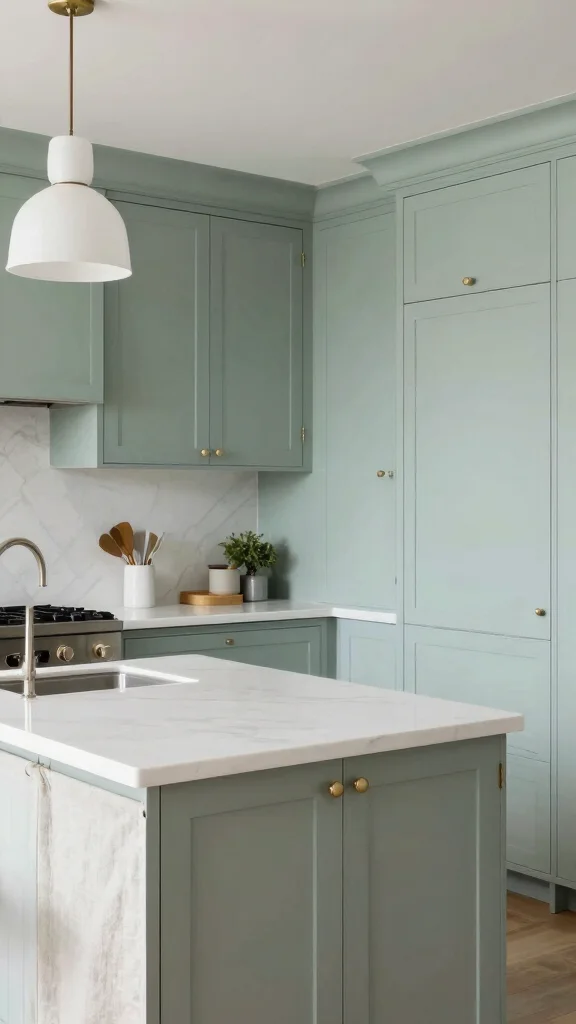 20 Green Kitchen with White Countertops: Bright & Airy Designs - 7. Soft Celadon with a Touch of Glam 1