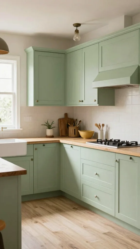 20 Green Two-Tone Kitchen Cabinet Ideas to Refresh Your Space - 10. Light Green and Rustic Beige 1