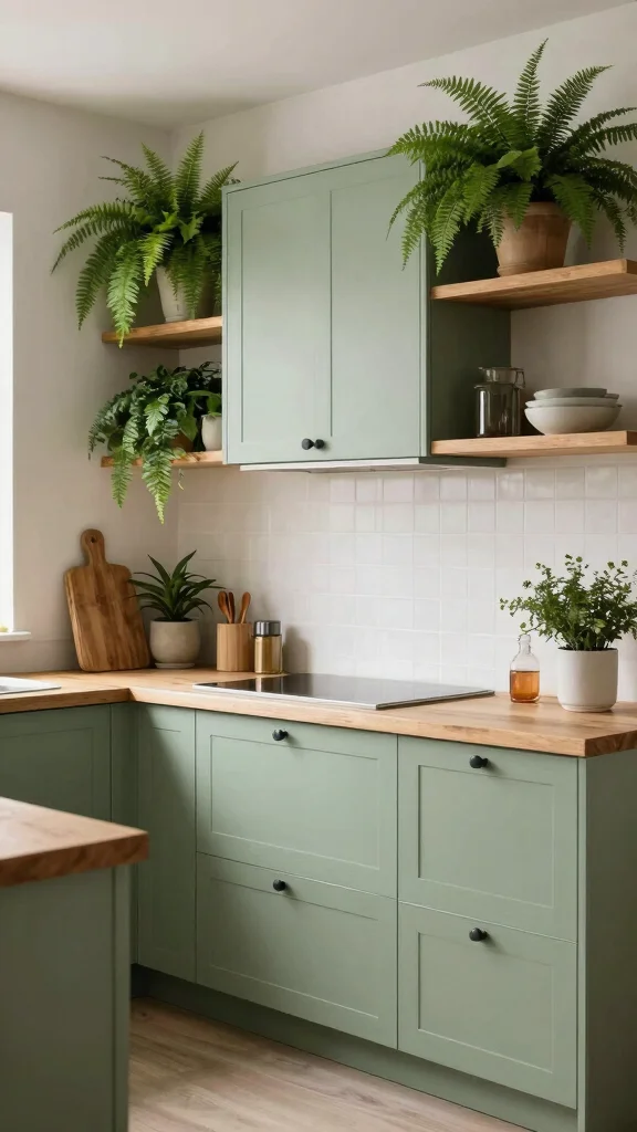20 Green Two-Tone Kitchen Cabinet Ideas to Refresh Your Space - 12. Fern Green and Natural Wood 1
