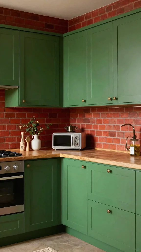 20 Green Two-Tone Kitchen Cabinet Ideas to Refresh Your Space - 13. Kelp Green and Brick Red 1