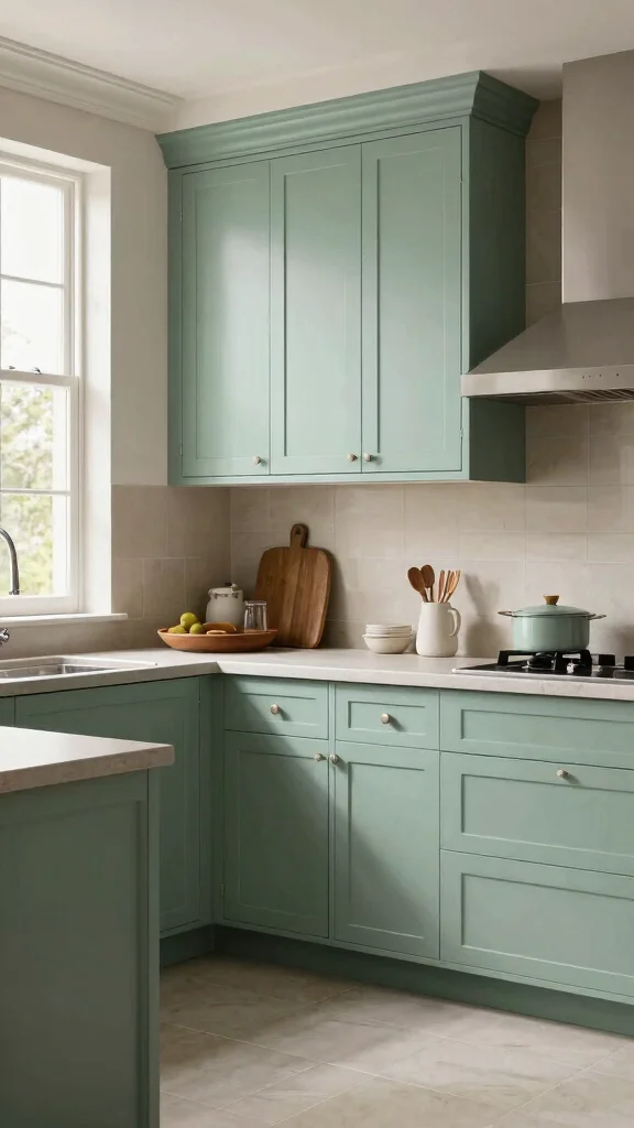 20 Green Two-Tone Kitchen Cabinet Ideas to Refresh Your Space - 14. Celadon Green and Soft Taupe 1