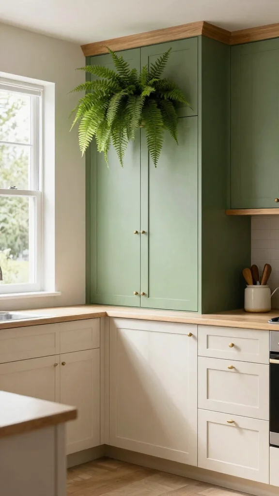 20 Green Two-Tone Kitchen Cabinet Ideas to Refresh Your Space - 20. Fern and Soft Cream 1