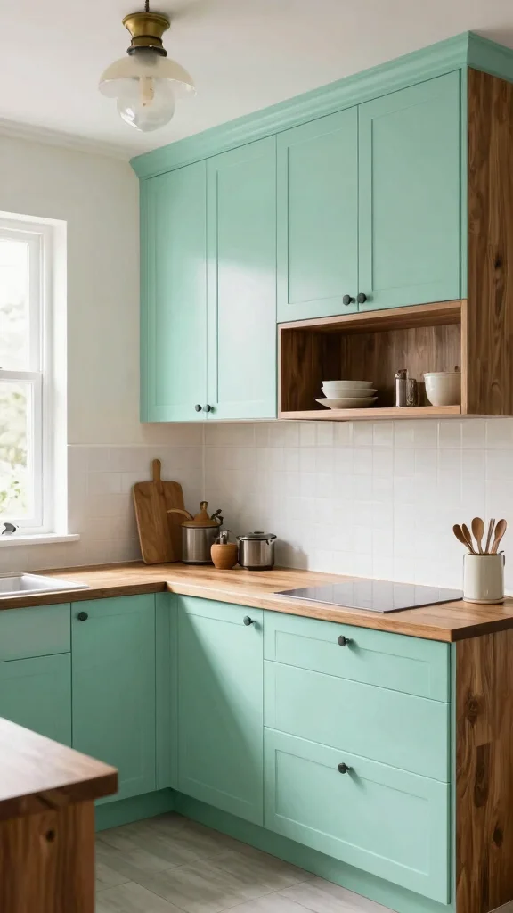 20 Green Two-Tone Kitchen Cabinet Ideas to Refresh Your Space - 3. Mint and Walnut Combo 1