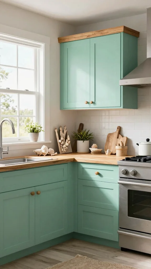 20 Green Two-Tone Kitchen Cabinet Ideas to Refresh Your Space - 7. Seafoam and Rustic Wood 1