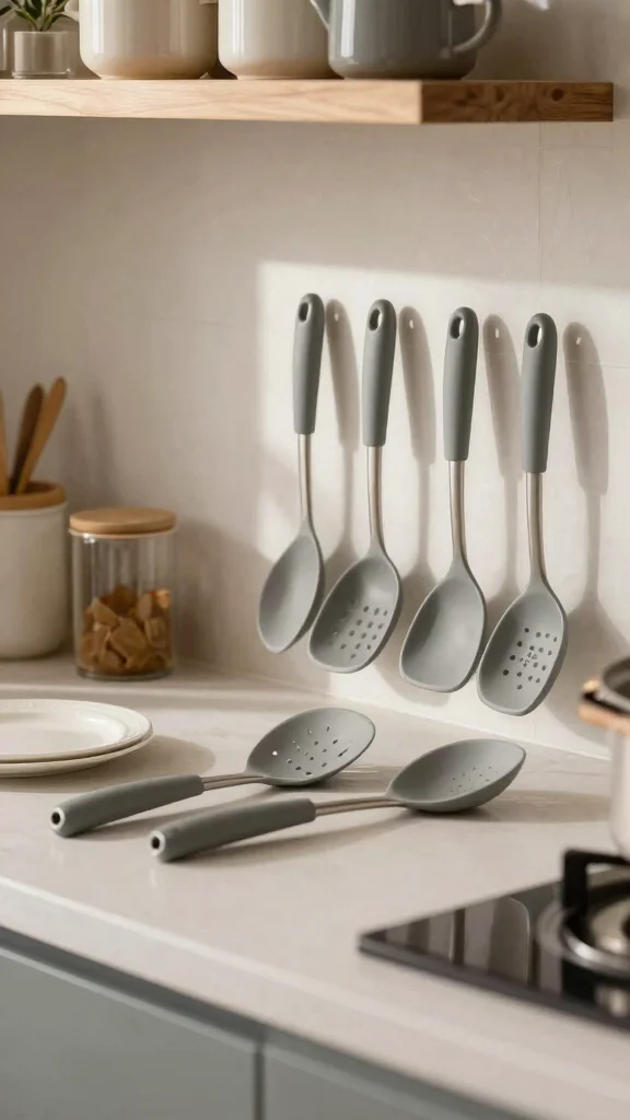 20 Green and Grey Kitchen Ideas for a Stylish Palette - 17. Grey-Handled Kitchen Tools 1