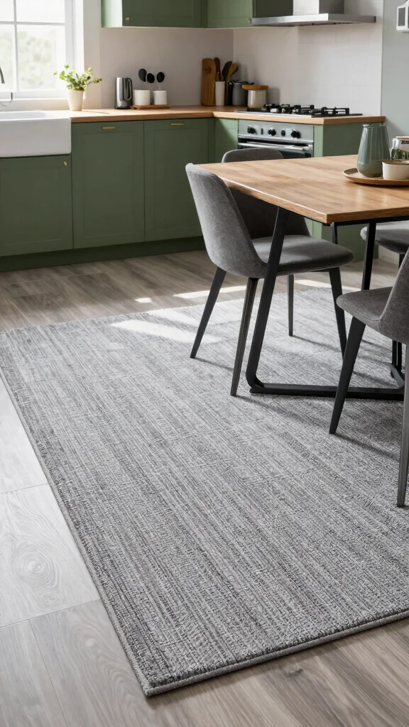 20 Green and Grey Kitchen Ideas for a Stylish Palette - 18. Adding a Grey Rug 1