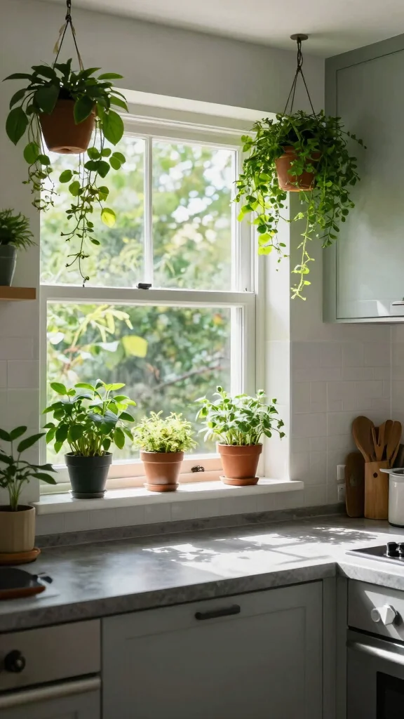 20 Green and Grey Kitchen Ideas for a Stylish Palette - 9. Green Plants for Freshness 1