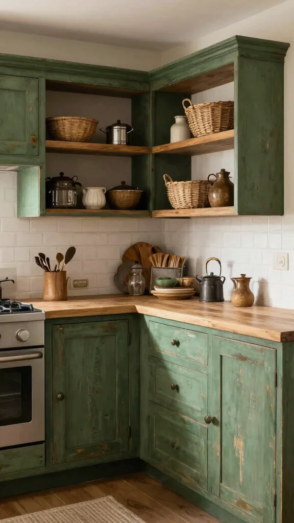 20 Green and Oak Kitchen Cabinet Ideas for Elegant Spaces - 12. Rustic Green and Oak Combos 1