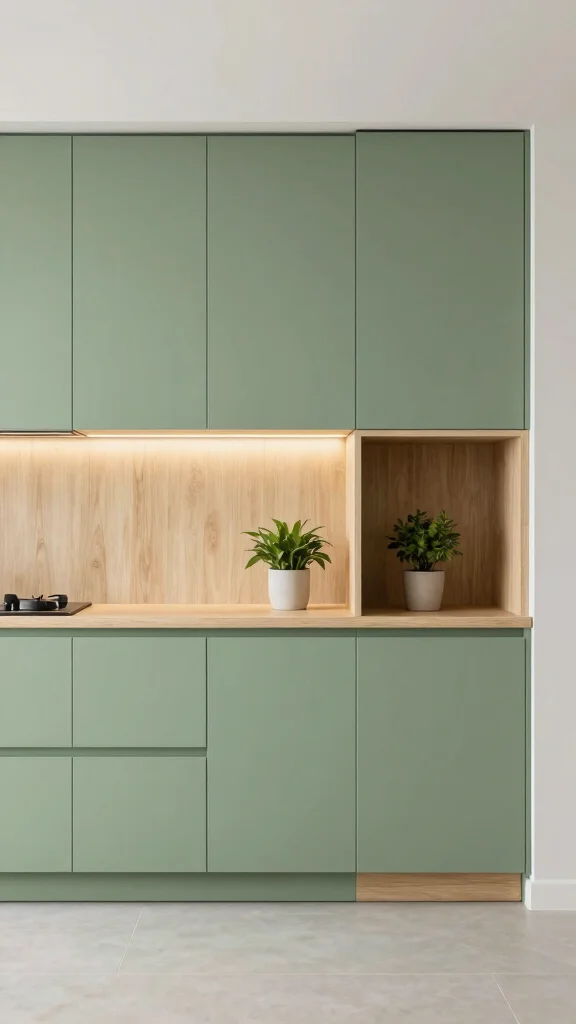 20 Green and Oak Kitchen Cabinet Ideas for Elegant Spaces - 15. Minimalist Green Cabinets 1