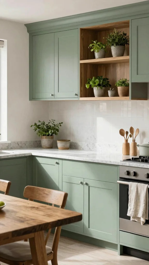 20 Green and Oak Kitchen Cabinet Ideas for Elegant Spaces - 2. Soft Sage Green Elegance 1