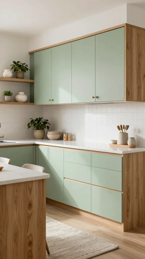 20 Green and Oak Kitchen Cabinet Ideas for Elegant Spaces - 4. Light Green and Oak Fusion 1