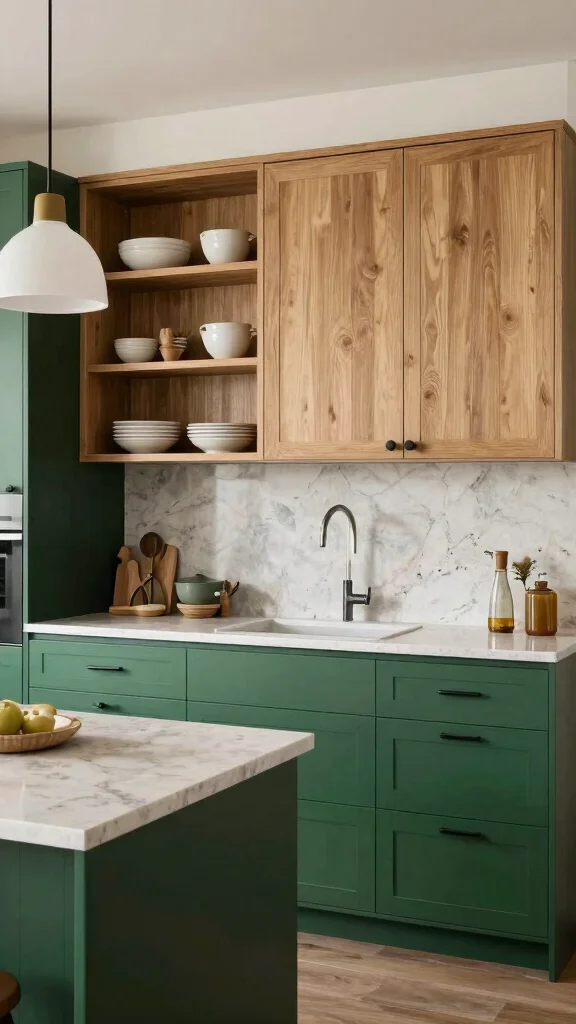 20 Green and Oak Kitchen Cabinet Ideas for Elegant Spaces - 5. Two-Tone Green and Oak Cabinets 1
