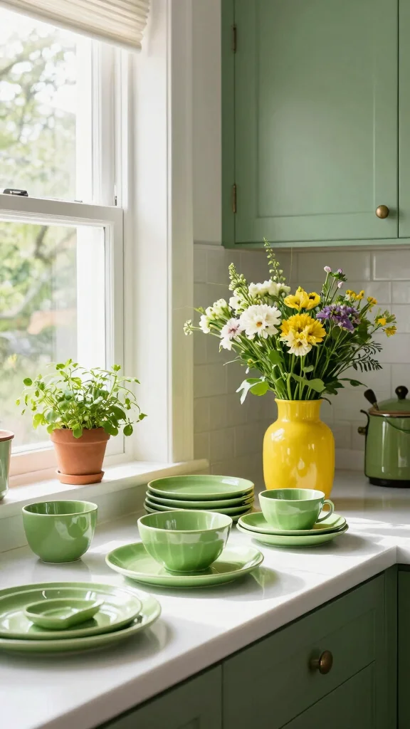 20 Green and White Kitchen Design Ideas That Never Go Out of Style - 12. Green Accessories and Decor 1
