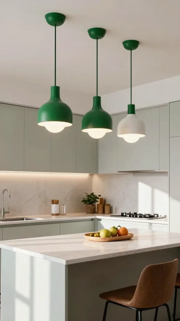 20 Green and White Kitchen Design Ideas That Never Go Out of Style - 13. Statement Lighting Fixtures 1