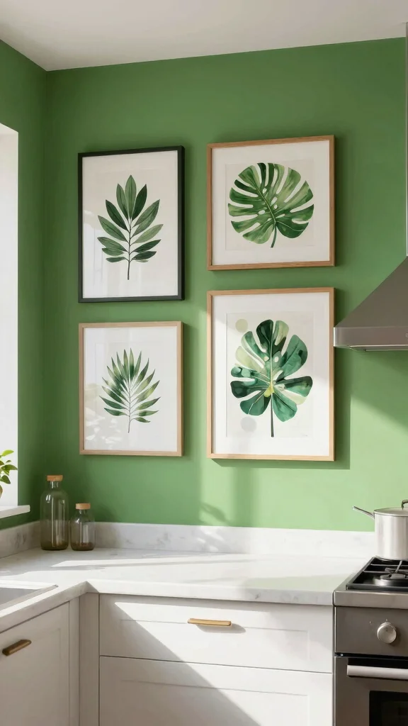 20 Green and White Kitchen Design Ideas That Never Go Out of Style - 16. Green Wall Art 1
