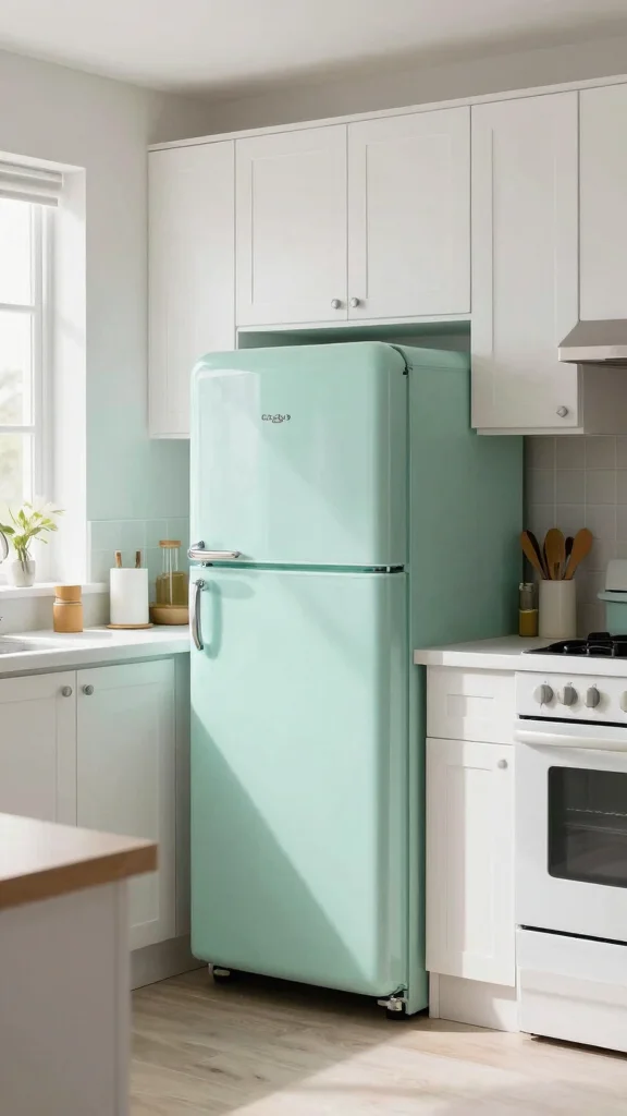 20 Green and White Kitchen Design Ideas That Never Go Out of Style - 5. Vintage Green Appliances 1