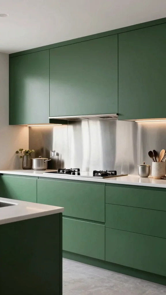 20 Kitchen Backsplash Ideas with Green Cabinets That Stand Out - 12. Sleek Stainless Steel 1