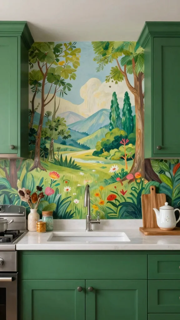 20 Kitchen Backsplash Ideas with Green Cabinets That Stand Out - 15. Painted Murals 1