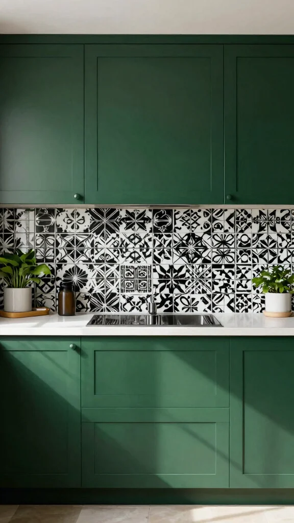 20 Kitchen Backsplash Ideas with Green Cabinets That Stand Out - 16. Bold Black and White Contrasts 1