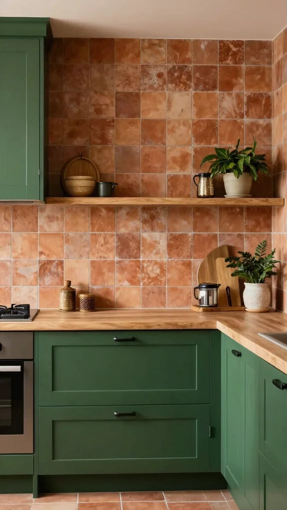 20 Kitchen Backsplash Ideas with Green Cabinets That Stand Out - 17. Earthy Terracotta Tiles 1