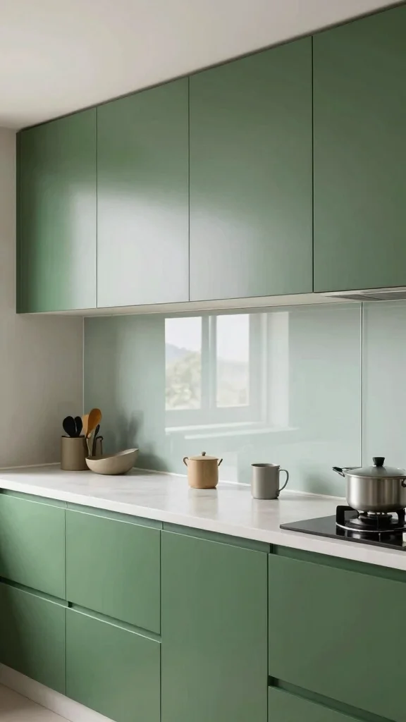 20 Kitchen Backsplash Ideas with Green Cabinets That Stand Out - 18. Minimalist Glass Panels 1