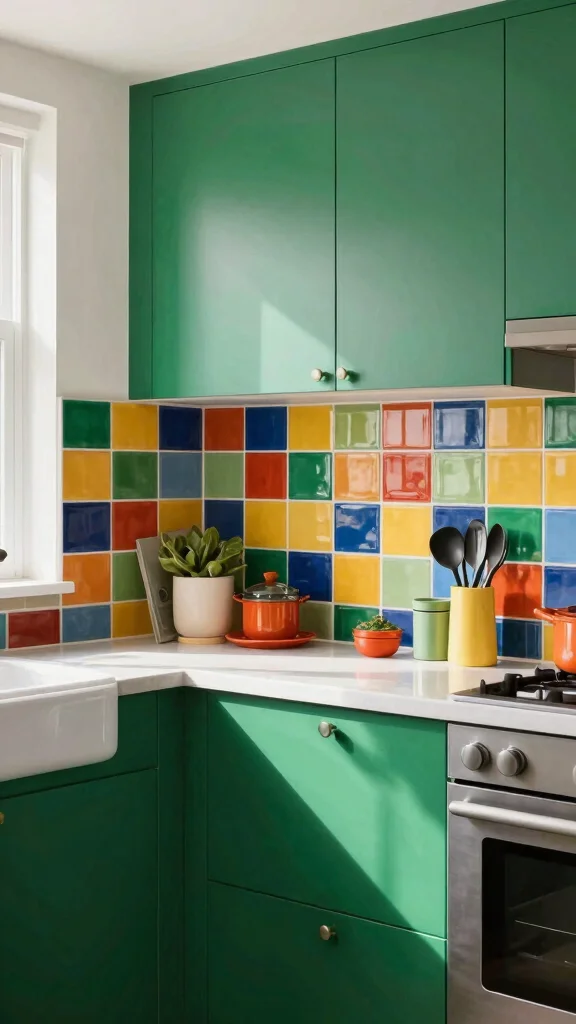 20 Kitchen Backsplash Ideas with Green Cabinets That Stand Out - 19. Color-Blocked Tiles 1