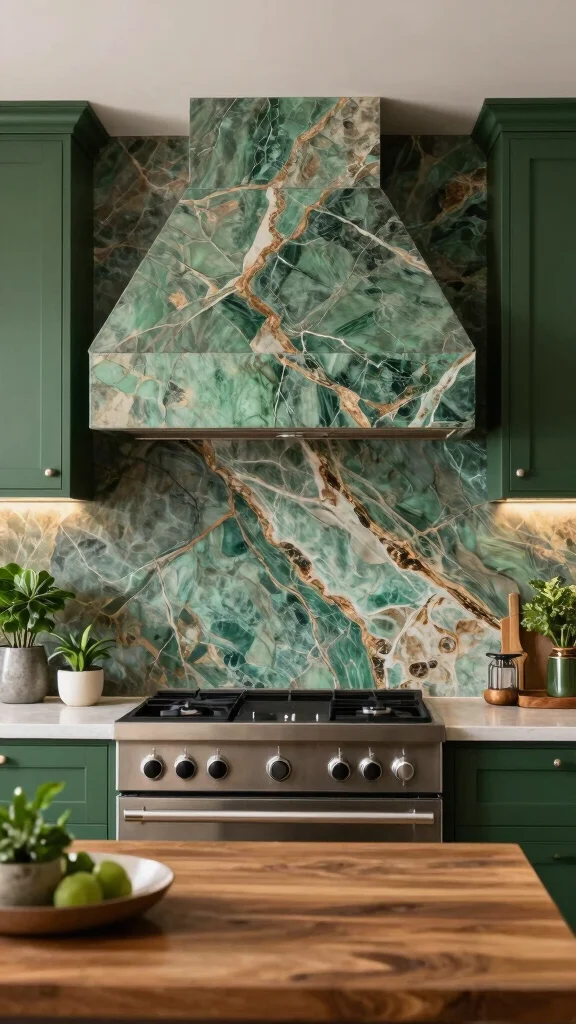 20 Kitchen Backsplash Ideas with Green Cabinets That Stand Out - 3. Nature-Inspired Stone Slabs 1