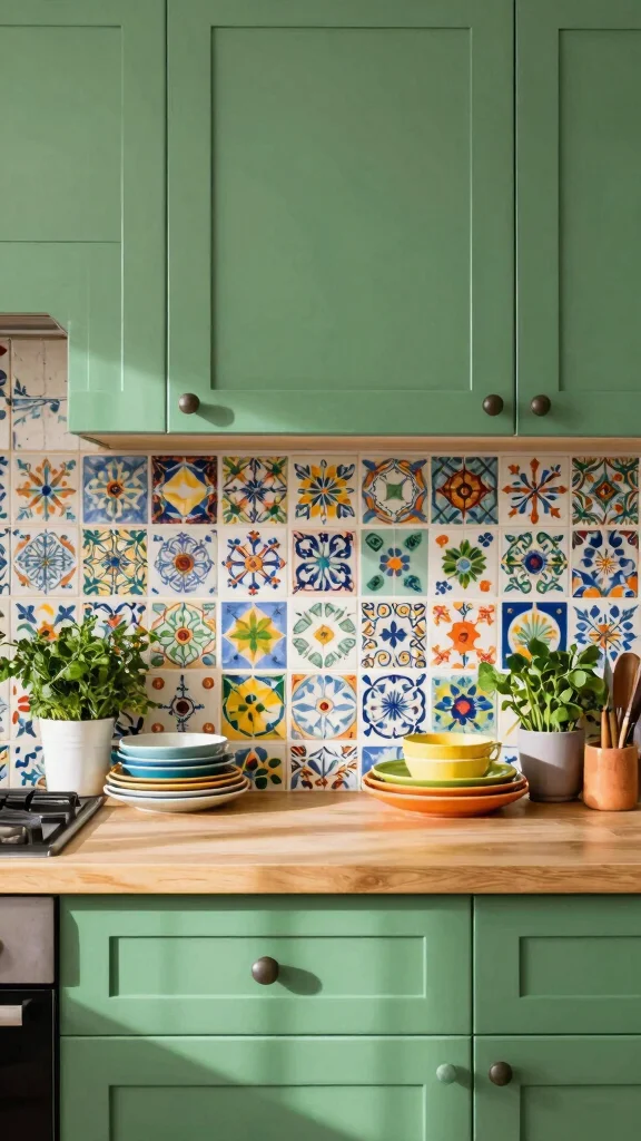 20 Kitchen Backsplash Ideas with Green Cabinets That Stand Out - 4. Whimsical Painted Tiles 1