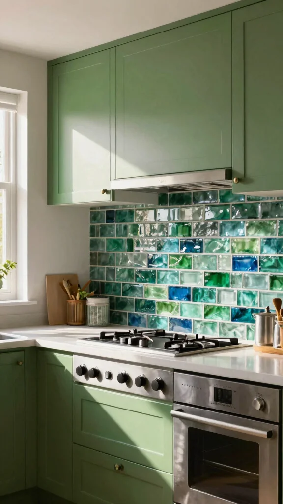 20 Kitchen Backsplash Ideas with Green Cabinets That Stand Out - 7. Eco-Friendly Recycled Glass 1