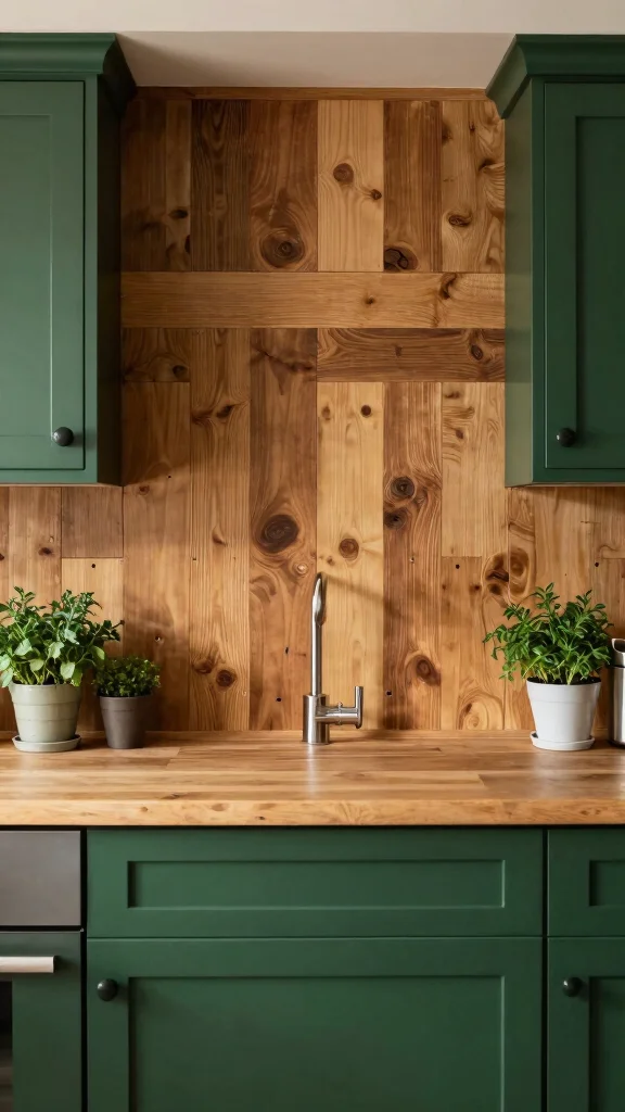 20 Kitchen Backsplash Ideas with Green Cabinets That Stand Out - 8. Rustic Wood Panels 1