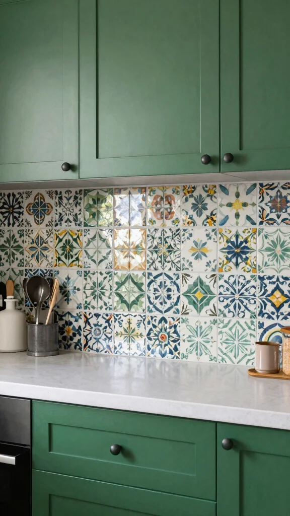 20 Kitchen Backsplash Ideas with Green Cabinets That Stand Out - 9. Chic Cement Tiles 1