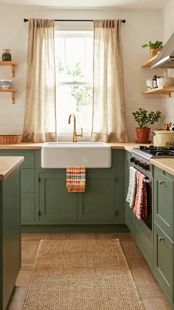 20 Kitchen Ideas with Green Cabinets That Are Trending - 17. Layering Textiles for Depth 1