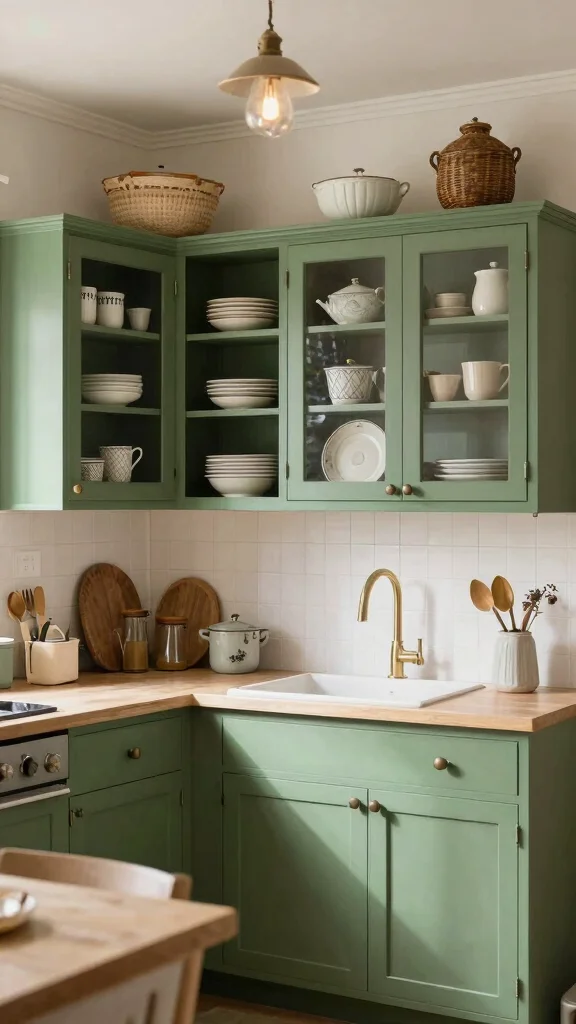 20 Kitchen Ideas with Green Cabinets That Are Trending - 18. Vintage Finds to Enhance Green Cabinets 1