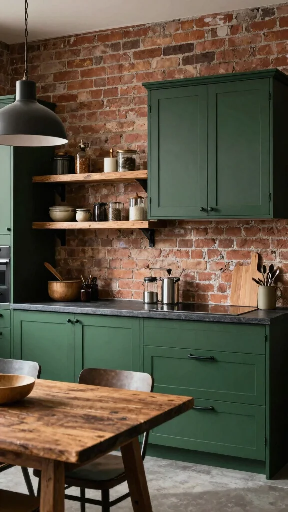 20 Kitchen Ideas with Green Cabinets That Are Trending - 5. Industrial Vibes with Dark Greens 1
