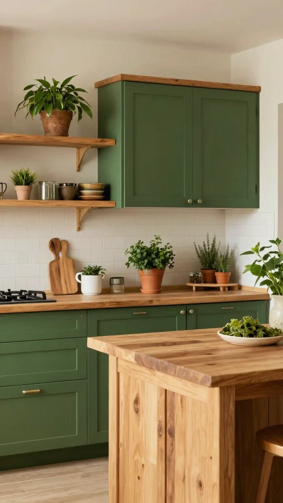 20 Kitchen Ideas with Green Cabinets That Are Trending - 8. Green with Natural Wood Accents 1