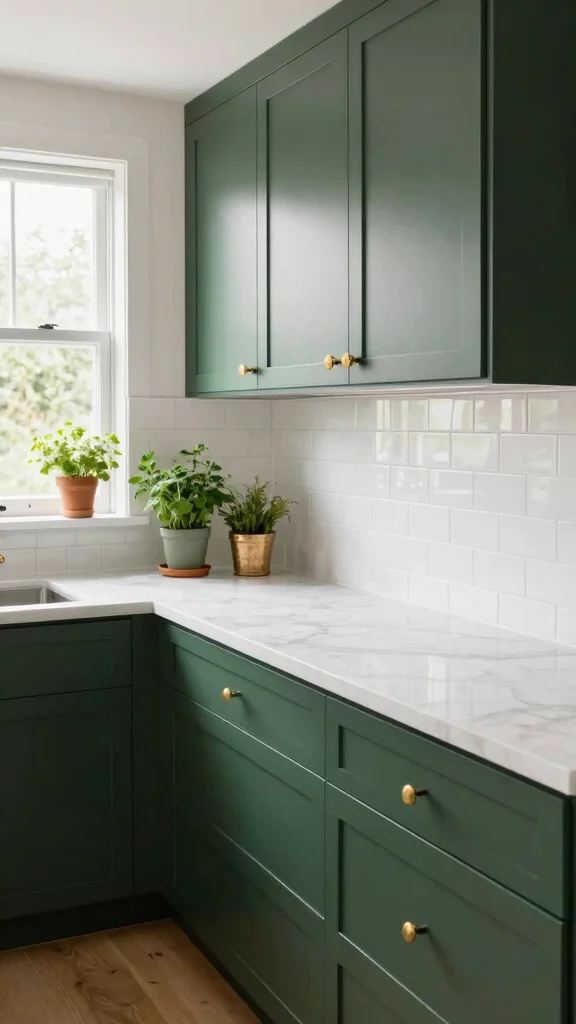 20 Modern Dark Green Kitchen Cabinet Design Ideas - 1. Bold Contrast with White 1