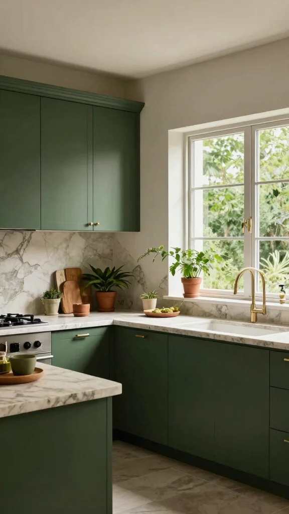 20 Modern Dark Green Kitchen Cabinet Design Ideas - 10. Nature Inspired 1