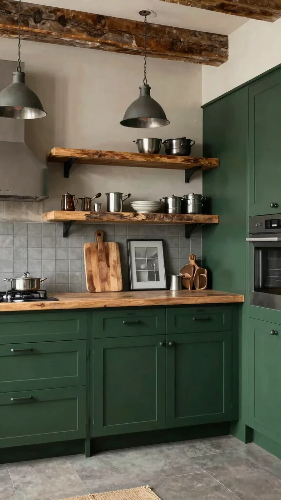 20 Modern Dark Green Kitchen Cabinet Design Ideas - 17. Rustic Industrial Fusion 1