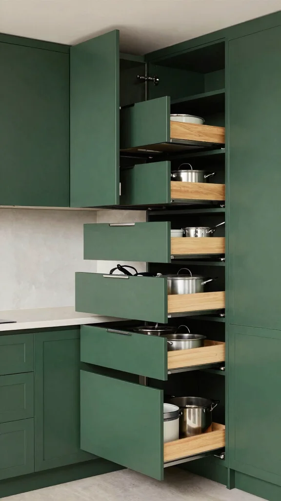 20 Modern Dark Green Kitchen Cabinet Design Ideas - 18. Smart Storage Solutions 1