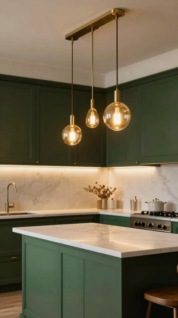 20 Modern Dark Green Kitchen Cabinet Design Ideas - 4. Statement Lighting 1