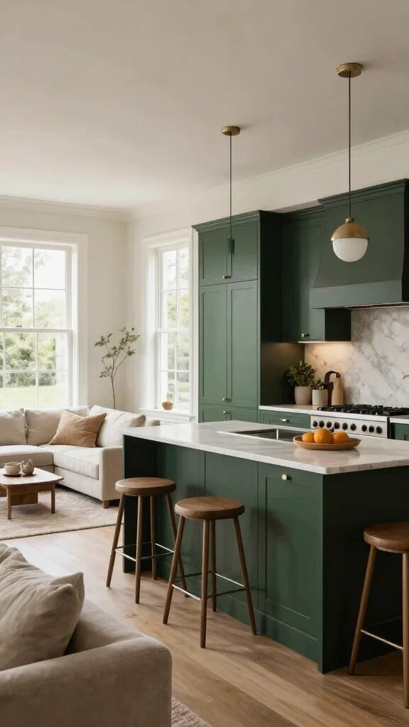 20 Modern Dark Green Kitchen Cabinet Design Ideas - 5. Open Concept Living 1