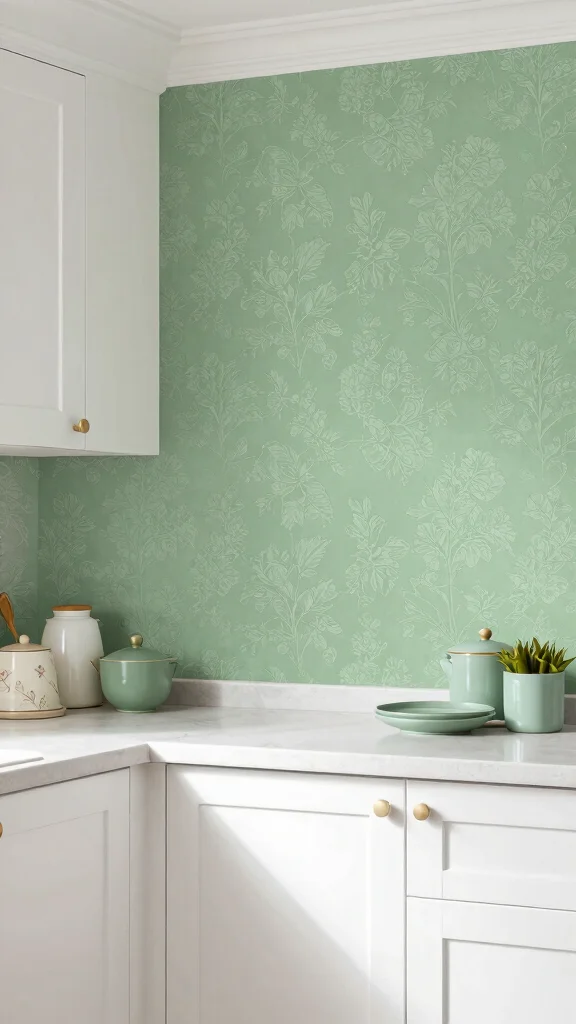 20 Stunning Sage Green and White Kitchen Ideas for a Fresh Look - 15. Sage Green Wallpaper 1