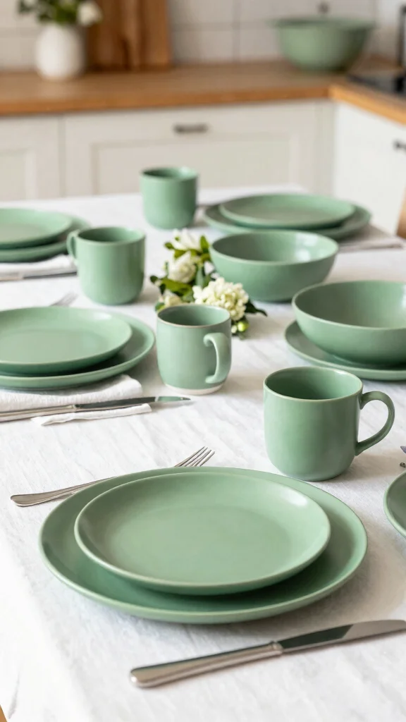 20 Stunning Sage Green and White Kitchen Ideas for a Fresh Look - 9. Sage Green Dinnerware 1