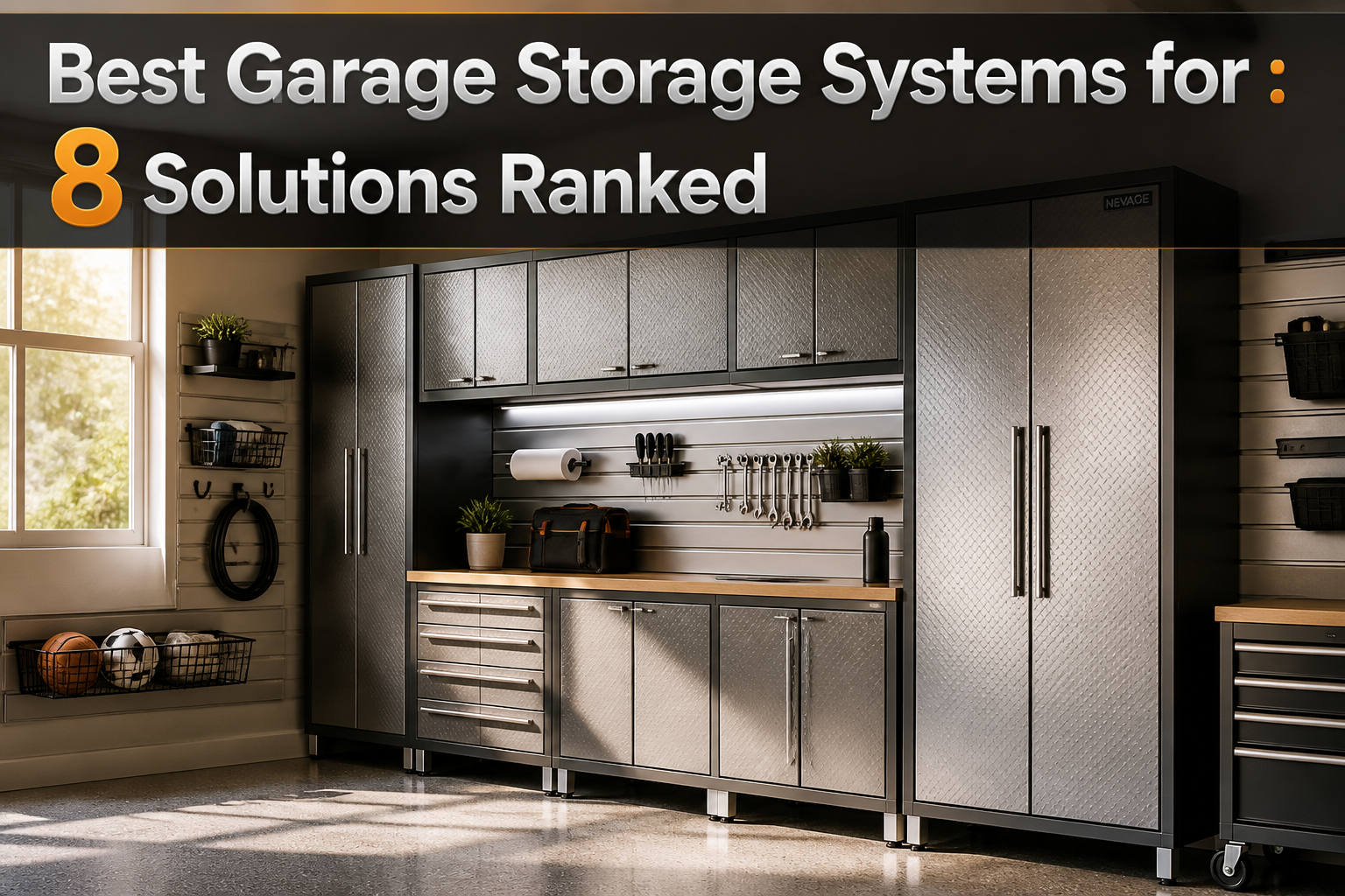 Multiple garage storage systems arranged for a feature article.